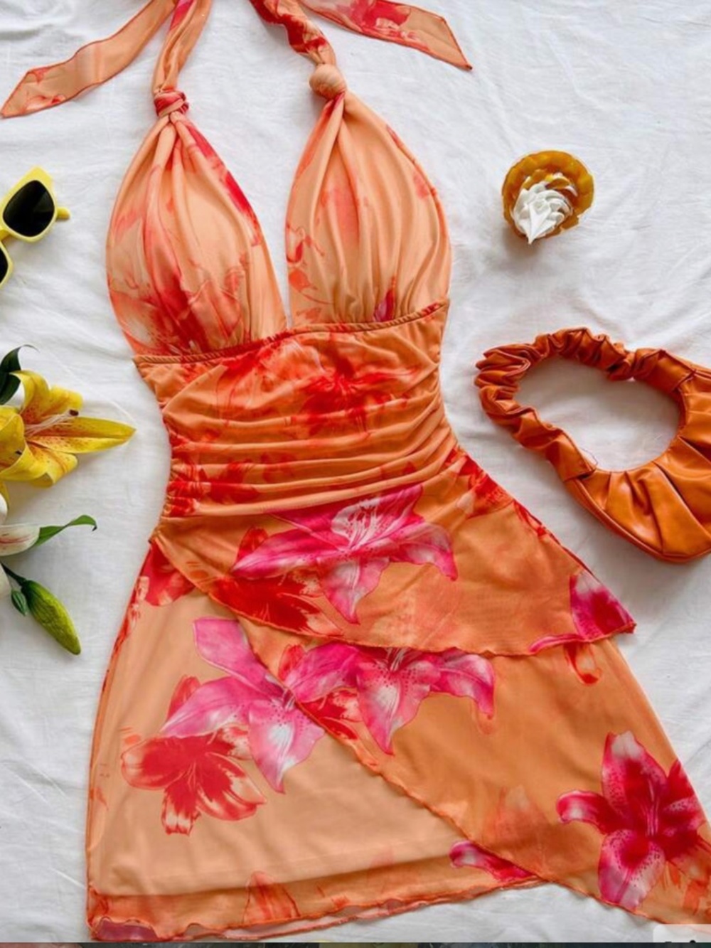 Orange Floral Halter Dress